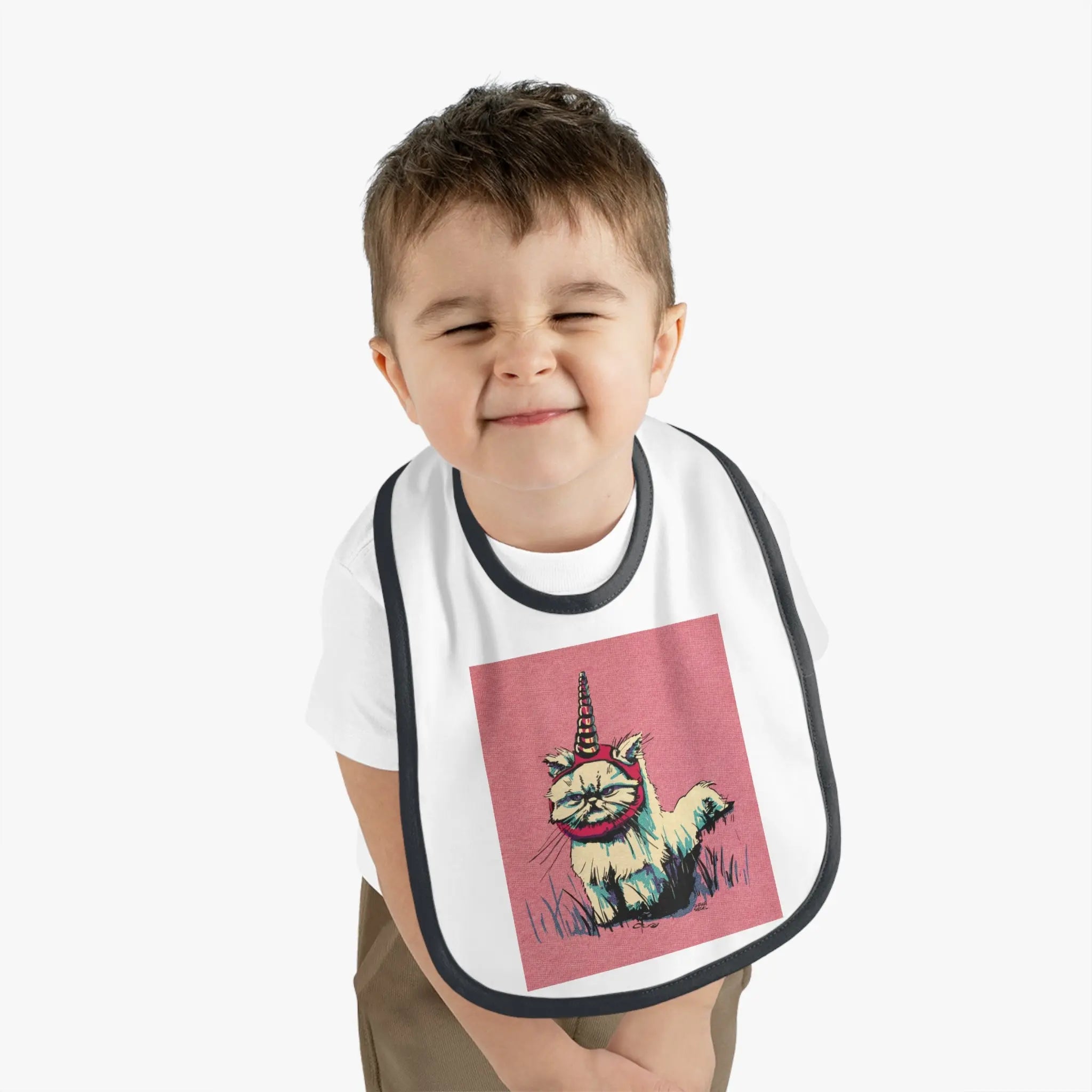 Grumpy Unicorn Cat Contrast-Trim Jersey Bib - Exvertebrate