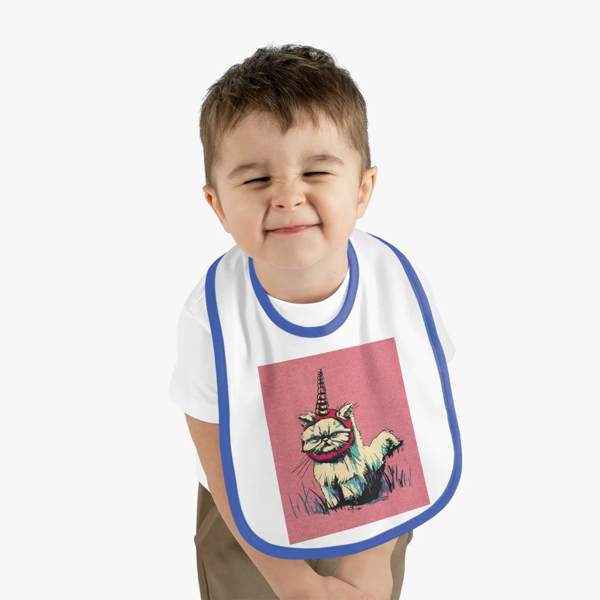 Grumpy Unicorn Cat Contrast-Trim Jersey Bib - Exvertebrate
